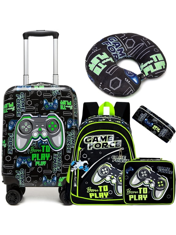 Kids Carry on Luggage Sets for Boys with Travel Pillow Rolling Suitcase with Wheels Hardshell Toddler Travel Essential Set of 5