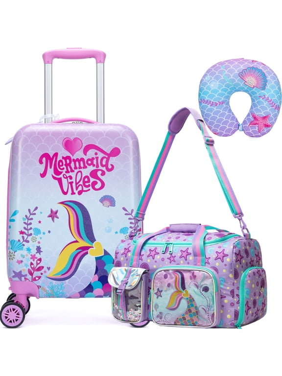 Kids Carry on Luggage Sets for Girls Cute Suitcases with Wheels Hardshell Travel Essentials with Travel Pillow Duffle Bag Mermaid