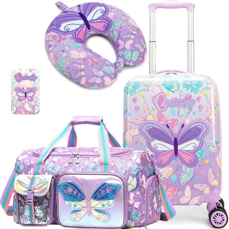 Kids Carry on Luggage Sets for Girls Hard Shell Suitcases with Wheels Hardshell Suitcase with Duffle Bag for Travel Neck Pillow Airplane Butterfly
