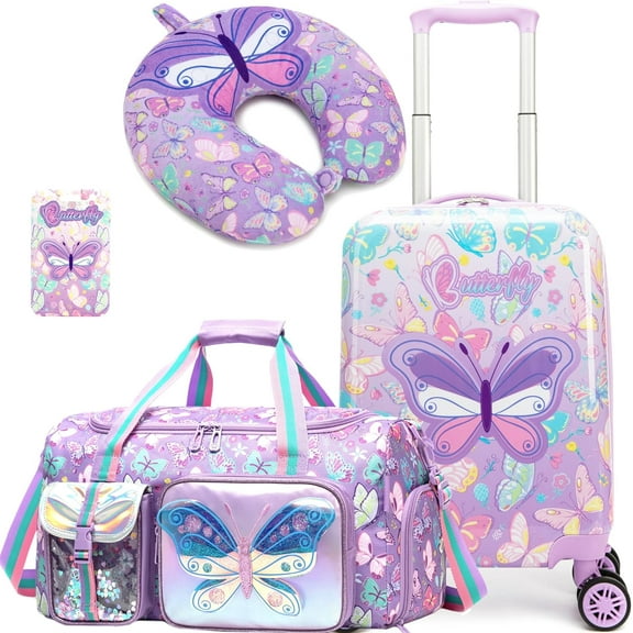 Kids Carry on Luggage Sets for Girls Hard Shell Suitcases with Wheels Hardshell Suitcase with Duffle Bag for Travel Neck Pillow Airplane Butterfly