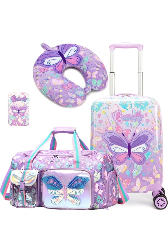 Kids Carry on Luggage Sets for Girls Hard Shell Suitcases with Wheels Hardshell Suitcase with Duffle Bag for Travel Neck Pillow Airplane Butterfly