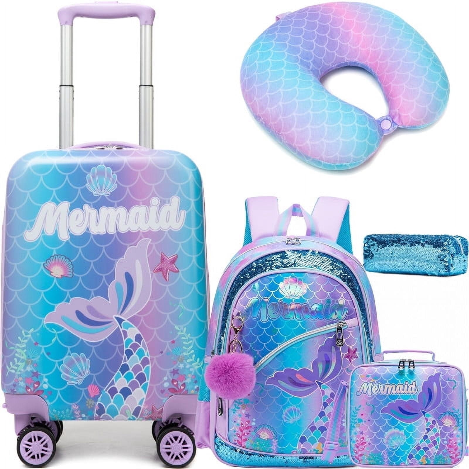 Kids Carry on Luggage Sets for Girls Lightweight Suitcases with Wheels Hardshell with Travel Pillow School Backpaak for Toddler Travel Essential