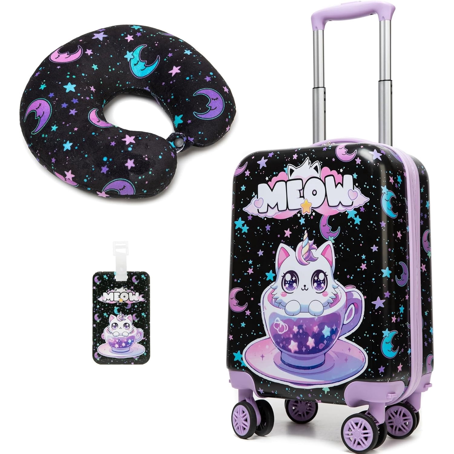 Kids Carry on Luggage Sets for Girls Rolling Small Suitcases with Wheels Travel Essentials for Kids with Travel Pillow 16 Inch Purple Cat