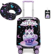 Kids Carry on Luggage Sets for Girls Rolling Small Suitcases with Wheels Travel Essentials for Kids with Travel Pillow 16 Inch Purple Cat