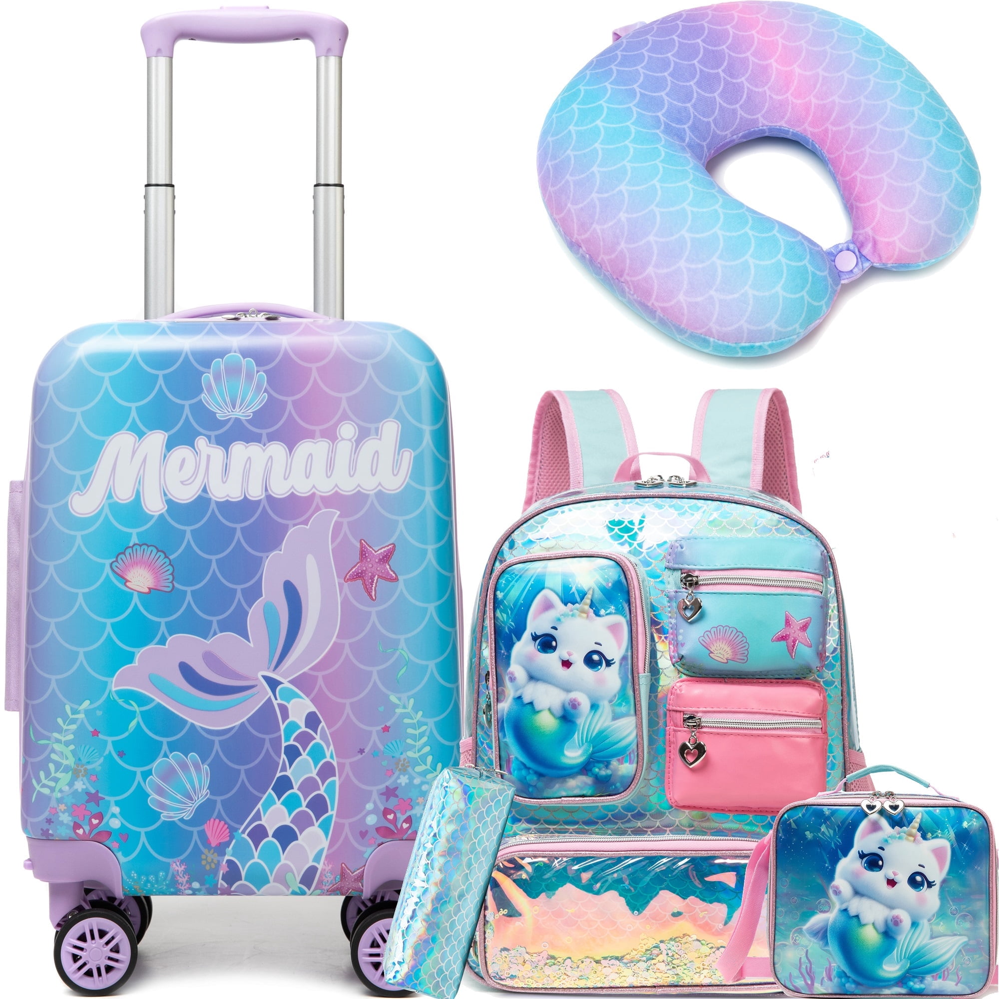 Kids Carry on Luggage Sets for Girls with Travel Pillow Rolling Suitcases with Wheels for Toddlers Travel School Backpack Pencil Bag