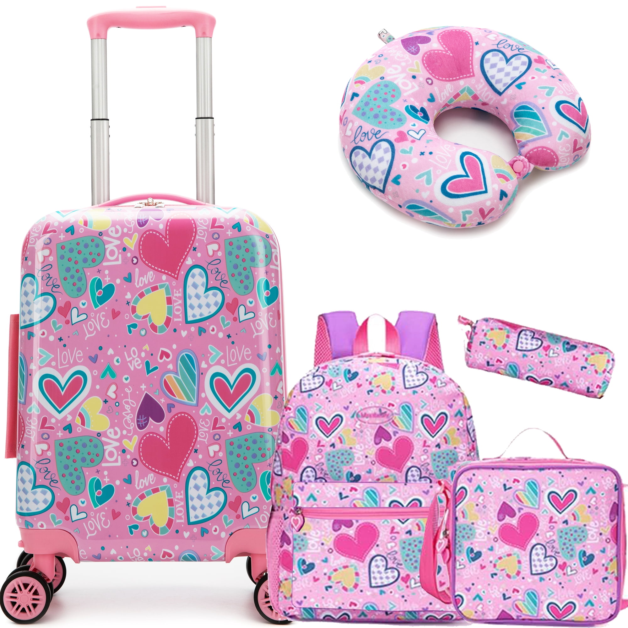 Kids Carry on Luggage Sets for Girls with Travel Pillow, Rolling Pink Suitcase with Wheels for Kids Travel Essentials Airline Approved 16 Inch