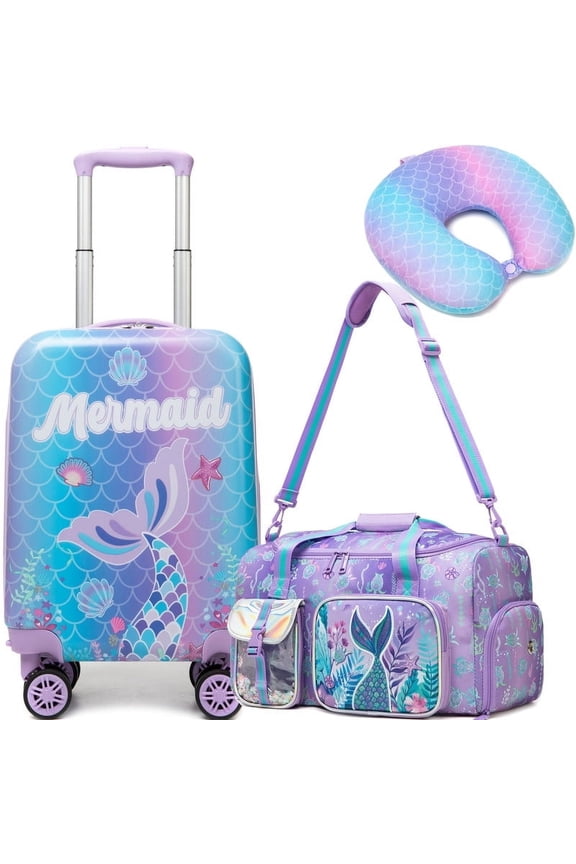 Kids Carry on Luggage Sets for Girls with Wheels Rolling Suitcases for Toddlers with Duffle Bag 16 Inch Mermaid