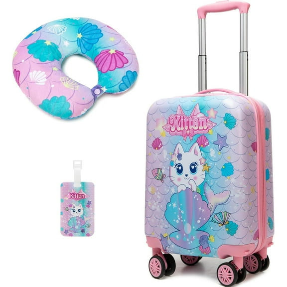 Kids Carry on Luggage Sets with Neck Pillow Airplane Hardshell Suitcases for Girls with Wheels Suitcase Set Toddler Travel Essential Cat