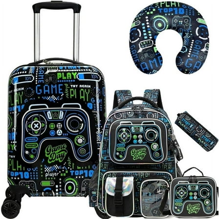 Kids Carry on Luggage Sets with Wheels for Travel,Rolling Suitcases with Travel Pillow Backpack for Boys Toddler Travel Essential Black