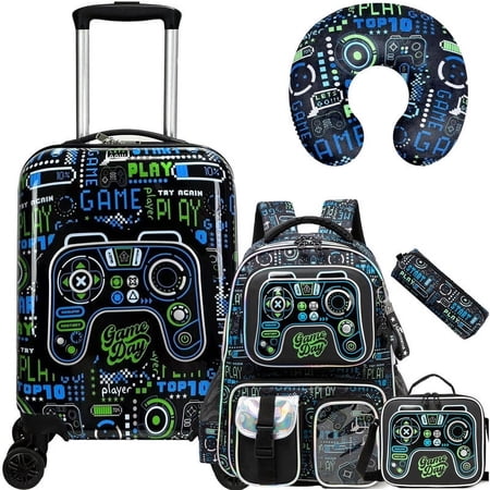 Kids Carry on Luggage Sets with Wheels for Travel,Rolling Suitcases with Travel Pillow Backpack for Boys Toddler Travel Essential Black