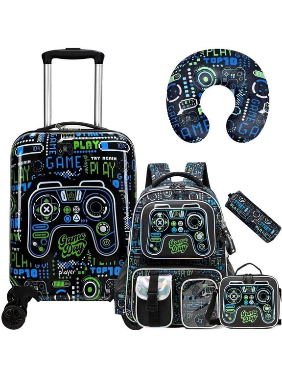 Kids Carry on Luggage Sets with Wheels for Travel,Rolling Suitcases with Travel Pillow Backpack for Boys Toddler Travel Essential Black