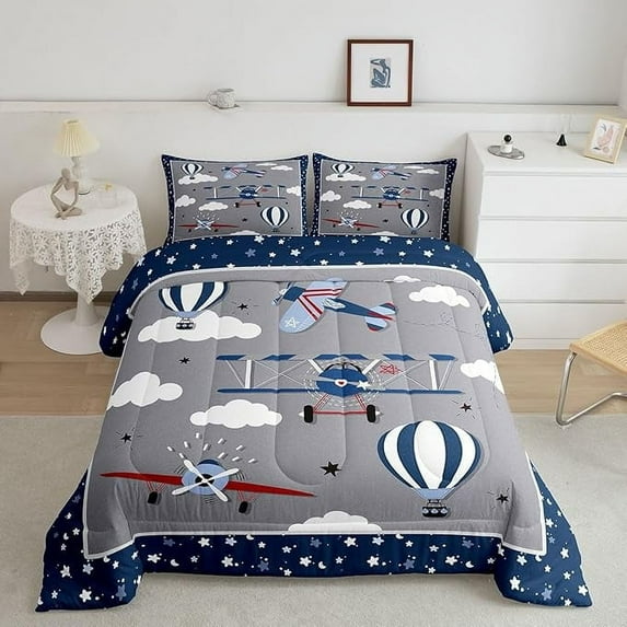 Cartoon Airplane Comforter Set Full Size Navy Stripes Hot Air Balloon Aircraft Bedding Set Teens Room Decor Cloud Starry Moon Quilt Set Chic Grey Duvet Insert