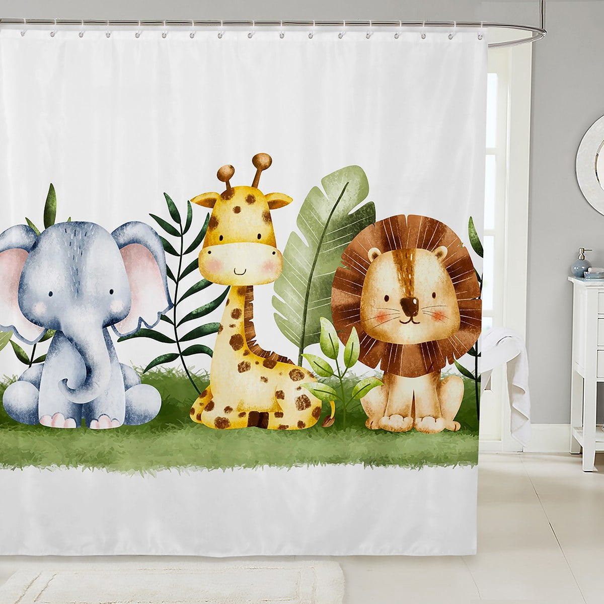 Kids Cartoon Animals Bathroom Curtain Twin Boys Girls Cute Giraffe Lion ...
