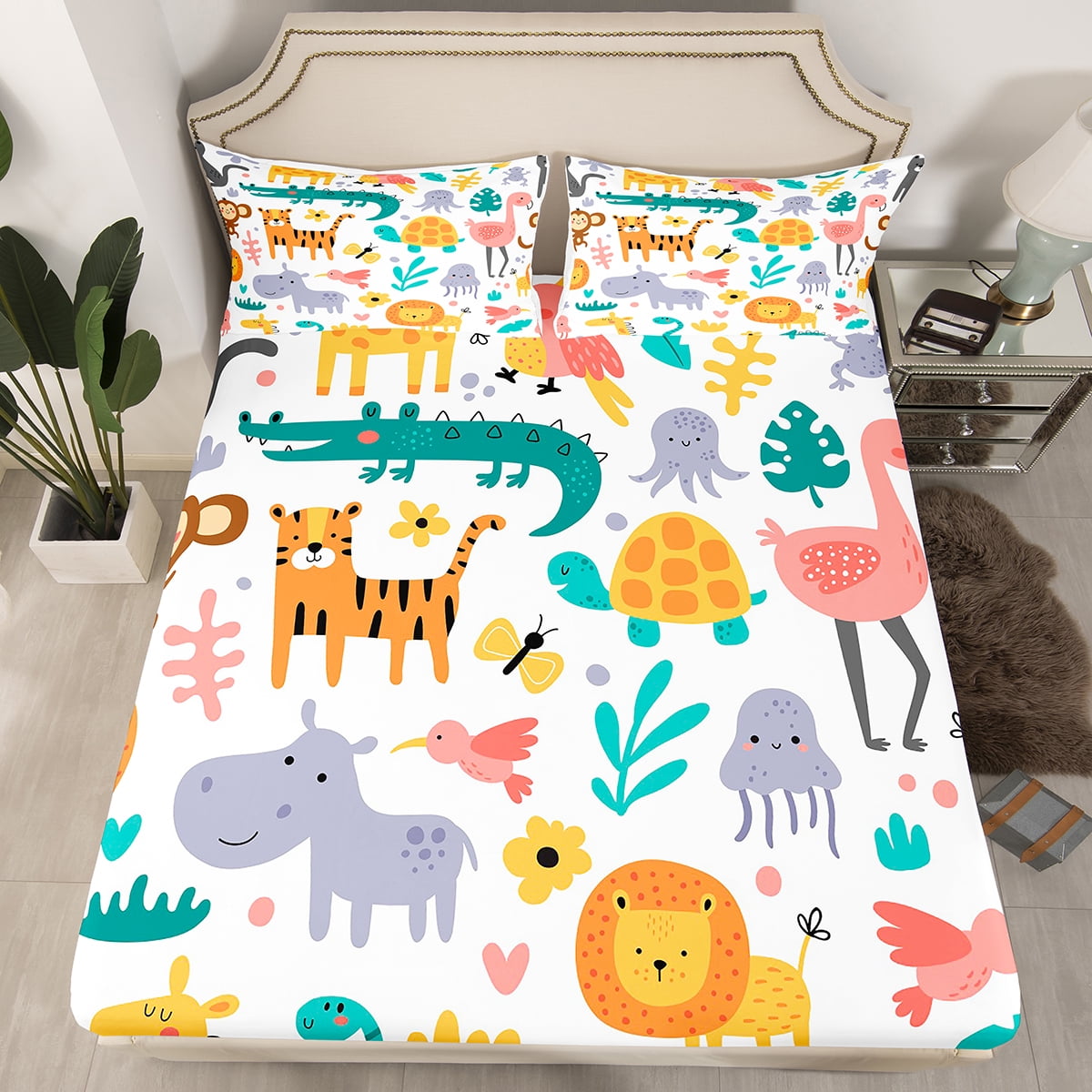 Kids Cartoon Animals Bedding Set Twin,Cute Lion Tiger Fitted Sheet for Boys Girls,Lovely Hippo ...