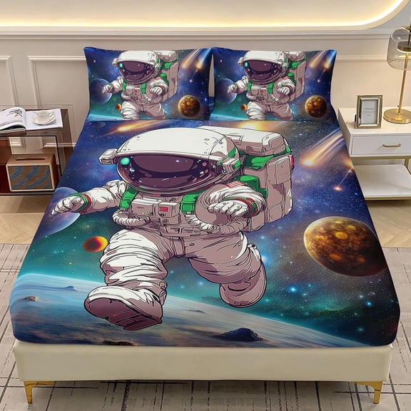 Kids Cartoon Astronaut Fitted Sheet Set Full ,Galaxy Planets Bed Sheet Set for Boys Girls,Space Theme Cute Astronaut Fitted Sheet with 2 Pillowcases,3Pcs