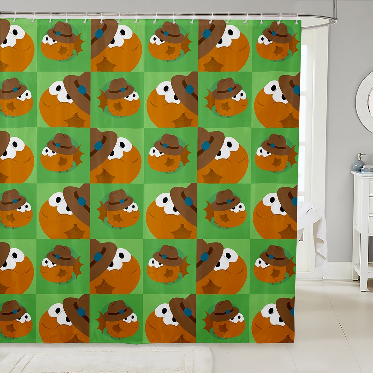 Kids Cartoon Bathroom Shower Curtain Sets 72"Wx72"L,Funny Brown Pufferfish Fabric Shower Curtain