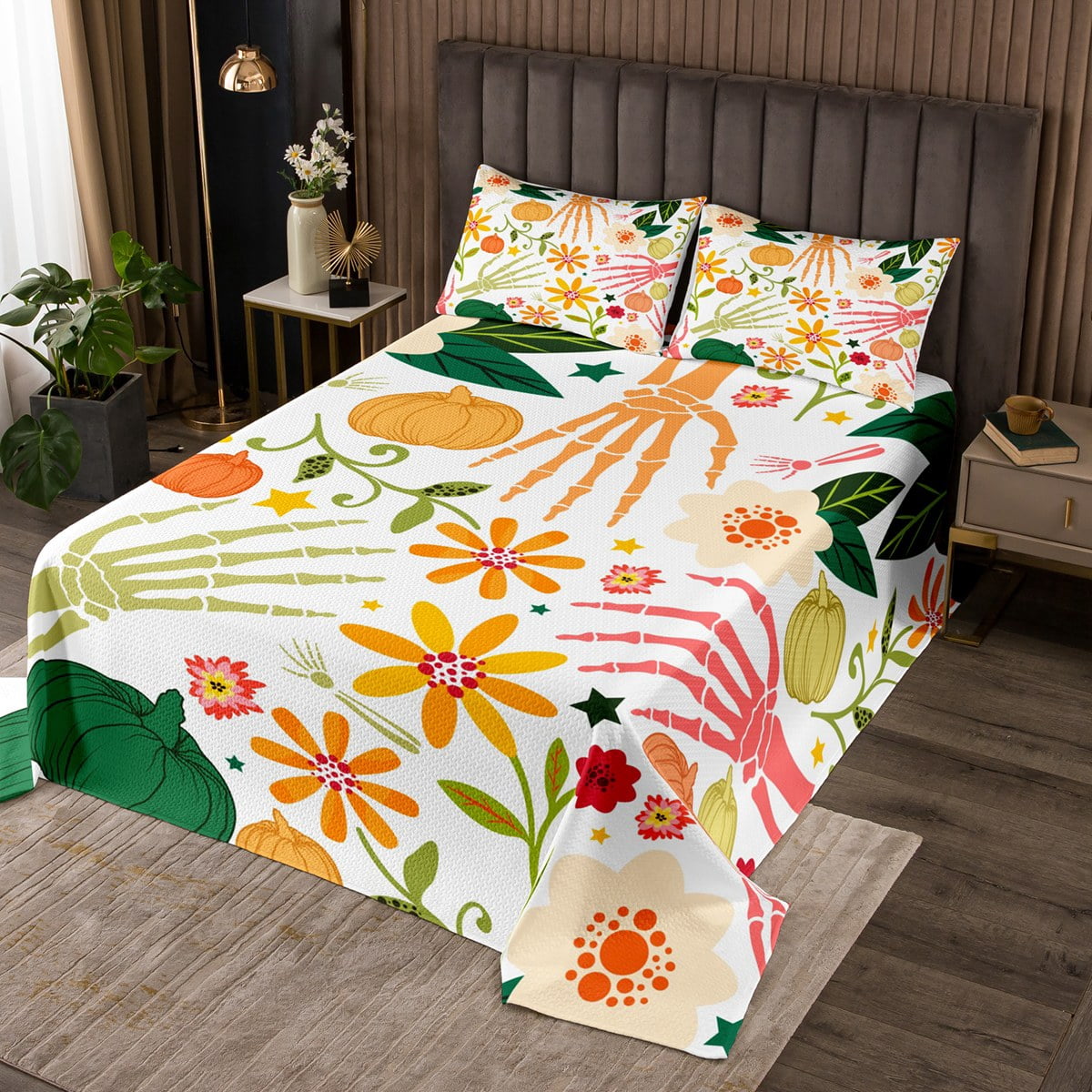 Kids Halloween Bedspread Queen Size - Cute Ghost & Candy Corn Print Quilted Coverlet Set