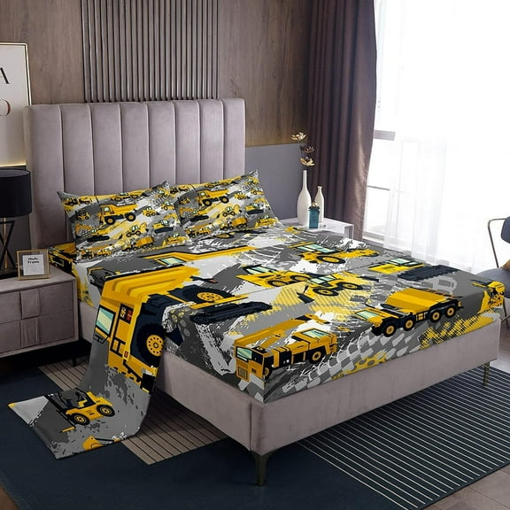 Cartoon Car Bed Sheet Set Twin Size Construction Vehicles Bedding Set for Teens Cartoon Machinery Truck Bed Sheets Set Construction Site Cars Bed Cover 3Pcs, Super Soft,Breathable