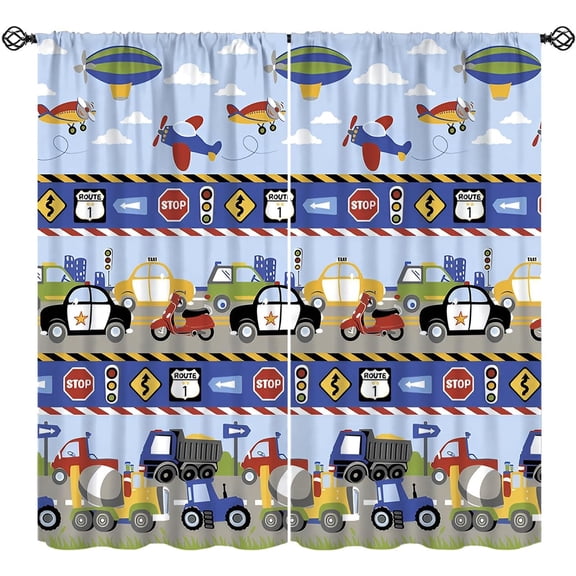 Kids Cartoon Car Curtains, Airplane Clouds Engineering Vehicle Road Traffic Sign Print Blackout Rod Pocket Window Treatments Drapes for Boys Teens Toddler Bedroom Living Nursery 84" W X 84" L