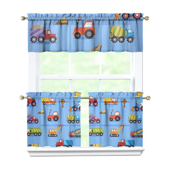 Kids Cartoon Car Kitchen Curtain Set - Construction Vehicle Tier and Valance with Truck, Fire Engine, Excavator, Tractor Print - Light Filtering Window Drapes for Nursery, Kitchen, Small Room