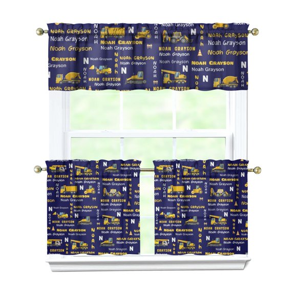 Kids Cartoon Car Kitchen Curtain Set - Construction Vehicle Tier and Valance with Truck, Fire Engine, Excavator, Tractor Print - Light Filtering Window Drapes for Nursery, Kitchen, Small Room