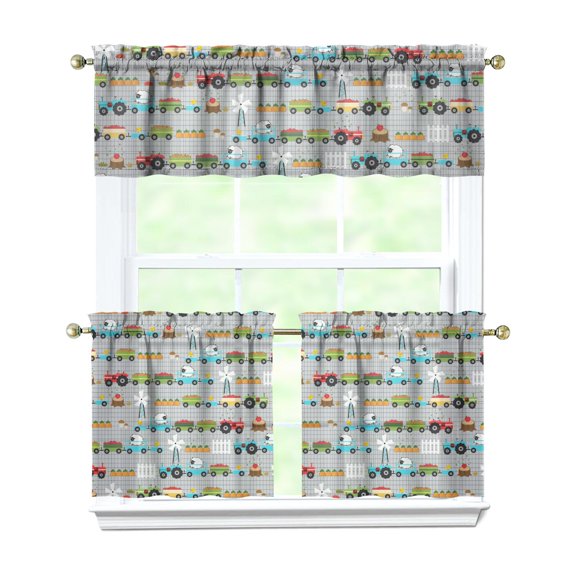 Kids Cartoon Car Kitchen Curtain Set - Construction Vehicle Tier and Valance with Truck, Fire Engine, Excavator, Tractor Print - Light Filtering Window Drapes for Nursery, Kitchen, Small Room