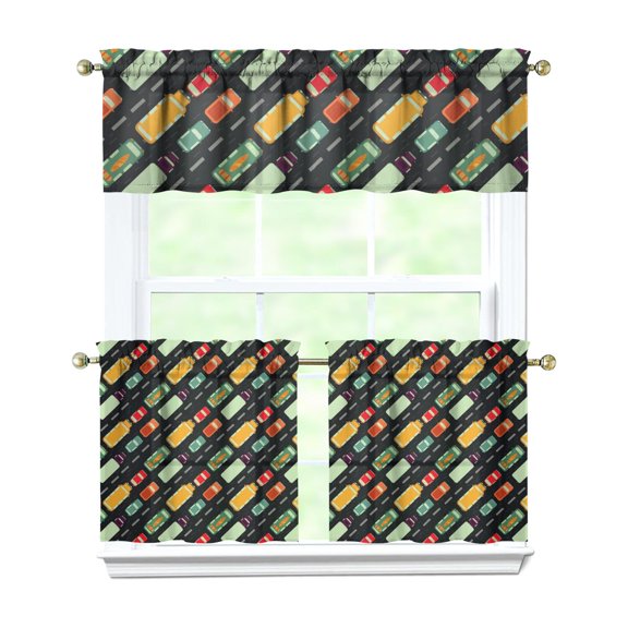 Kids Cartoon Car Kitchen Curtain Set - Construction Vehicle Tier and Valance with Truck, Fire Engine, Excavator, Tractor Print - Light Filtering Window Drapes for Nursery, Kitchen, Small Room