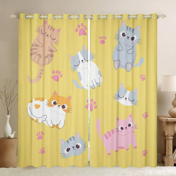 Cartoon Cat Curtains & Drapes 52"Wx84"L Colorful Cats 30%-50% Blackout Curtains For Teen Bedroom Cute Kitten Paw Print Window Curtains,Colorful Kawaii Cats Window Treatments 2 Panels Yellow