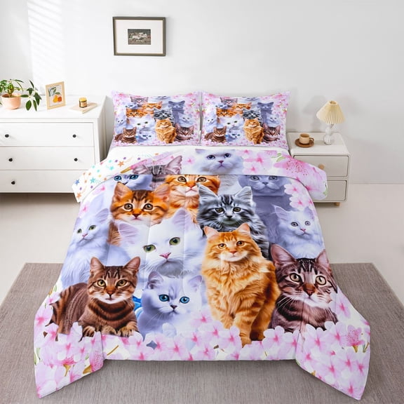 Kids Cartoon Cat Twin Bedding Set Cute Animal Flowers Comforter Set Boys Girls Pet Cat Lovers Pink Comforter Various Categories Cat Decor Quilt Set