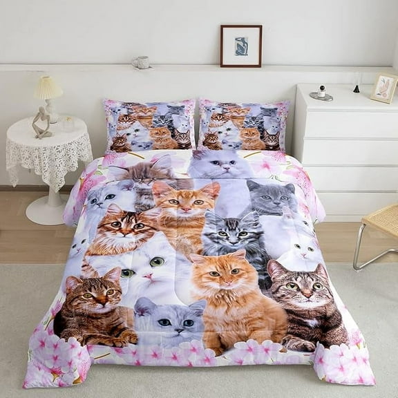 Kids Cartoon Cat Twin Bedding Set Cute Animal Flowers Comforter Set Boys Girls Pet Cat Lovers Pink Comforter Various Categories Cat Decor Quilt Set
