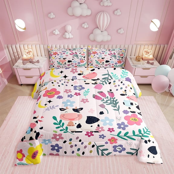 Cartoon Comforter Full Bedding Sets Farm Style Milk Cow Flower Duvet Insert Pink Cute Western Animal Down Comforter 3pcs Lightweight,Reversible Pink