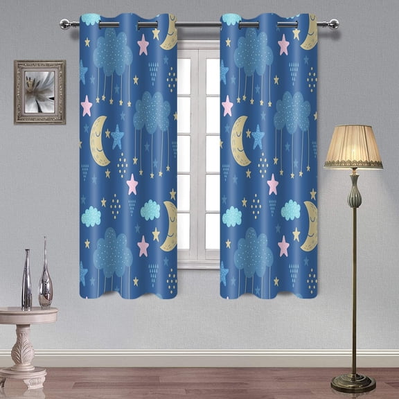 Kids Cartoon Curtains Moon Starry Sky Good Night Cute Blue Window Drapes for Nursery Boys Girls Baby Bedroom Clouds Print Dreamy Blackout Drape for Living Room 26"W x 45"L (Pack of 2)