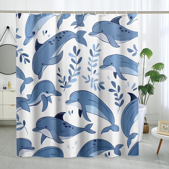 Kids Cartoon Dolphin Shower Curtain Set 72" x 72" with Hooks, Funny Children Sealife Boys Girls Bathroom Decor, Fun Ocean Kid Bath Accessories Polyester Fabric