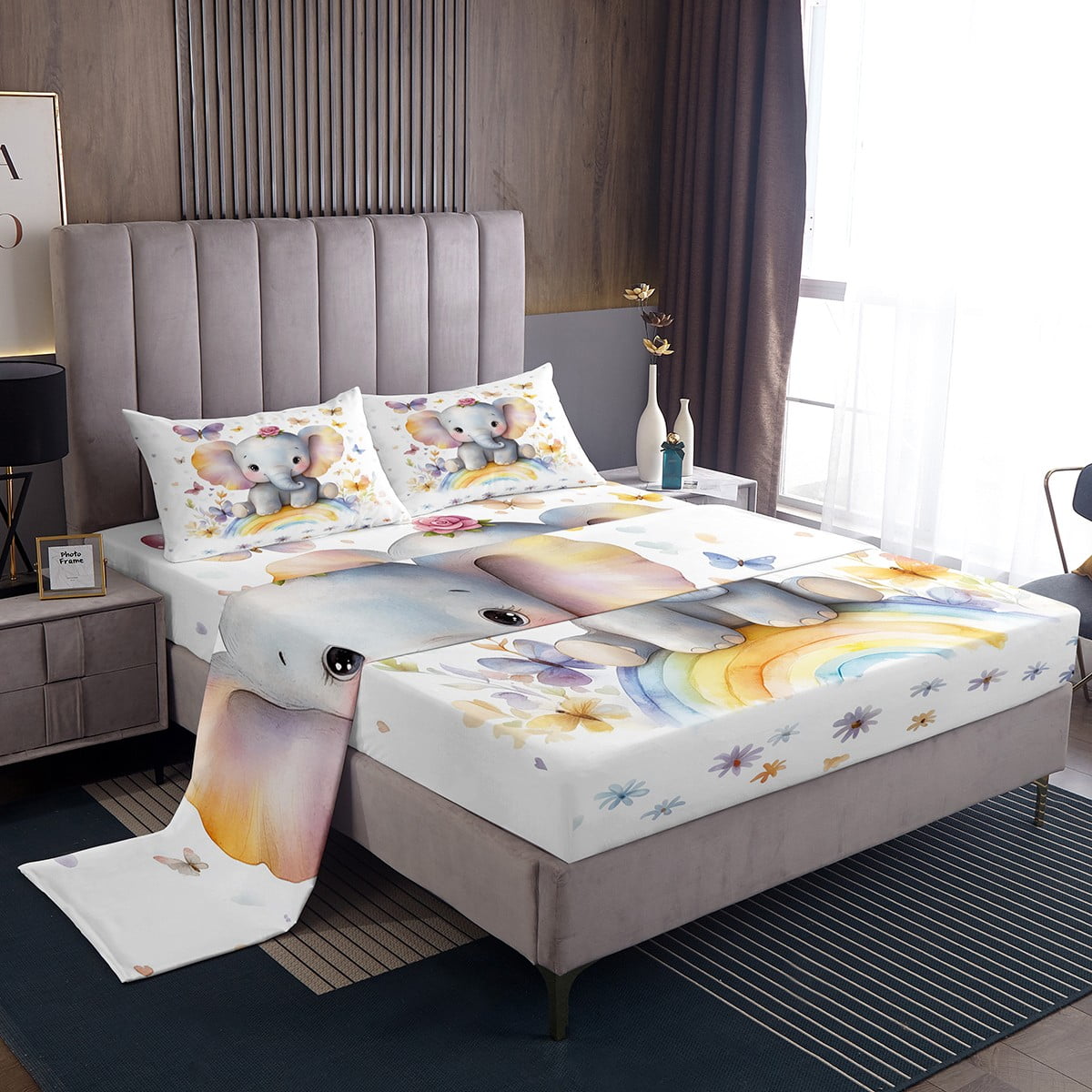 Kids Cartoon Elephant Bedding Set Full Size,Kawaii Rainbow Rose Bed ...