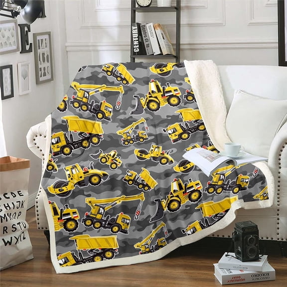 Kids Cartoon Excavator Fleece Throw Blanket Vehicles Truck Car Plush Blanket for Boys Child Toddler Bulldozer Crane Sherpa Blanket Construction Site Fuzzy Blanket for Sofa Bed Couch, 40x50 Inch