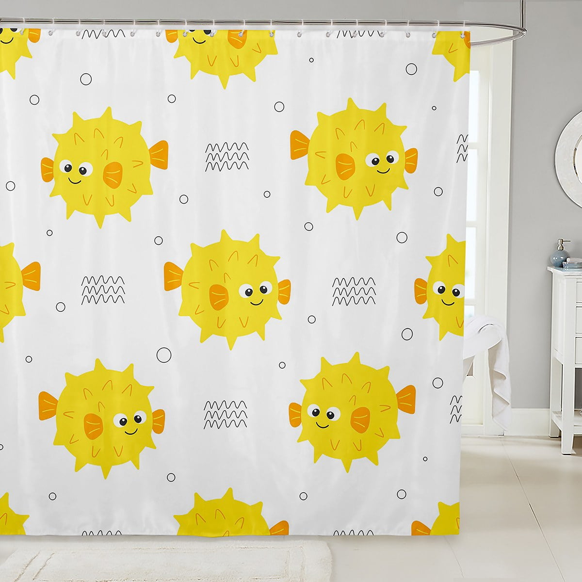 Kids Cartoon Fish Fabric Shower Curtain 72"Wx72"L,Cute Yellow Pufferfish Shower Curtain for Boys