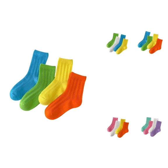Kids Cartoon Floor Socks, 4-Pair Thin Breathable Summer Autumn Crew Socks with Ribbed Cuffs, Mid-Calf Solid Cotton Mesh Knit Casual Kids Socks