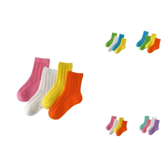 Kids Cartoon Floor Socks, 4-Pair Thin Breathable Summer Autumn Crew Socks with Ribbed Cuffs, Mid-Calf Solid Cotton Mesh Knit Casual Kids Socks