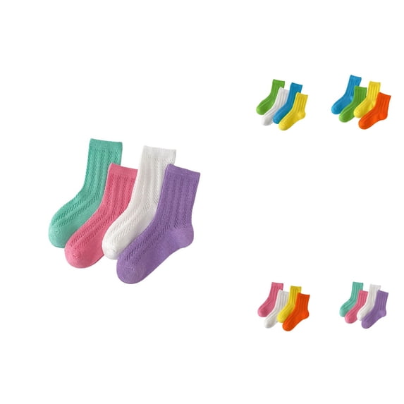 Kids Cartoon Floor Socks, 4-Pair Thin Breathable Summer Autumn Crew Socks with Ribbed Cuffs, Mid-Calf Solid Cotton Mesh Knit Casual Kids Socks