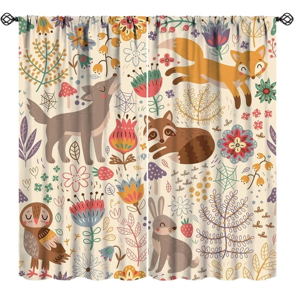 Kids Cartoon Forest Animal Blackout Curtains,Cute Woodland Animal Wildlife Fox Wolf Rabbit Pattern 2 Panel Rod Pocket Window Drapes for Kids Boy Bedroom Decor 42" W X 84" L