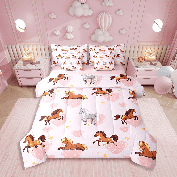 Erosebridal Cartoon Horse 7 Piece Twin Bedding Sets Galloping Horse Comforter Bed In A Bag Horses,Love Heart Printed Quilt With Sheet Set For Teen Bedroom Decor