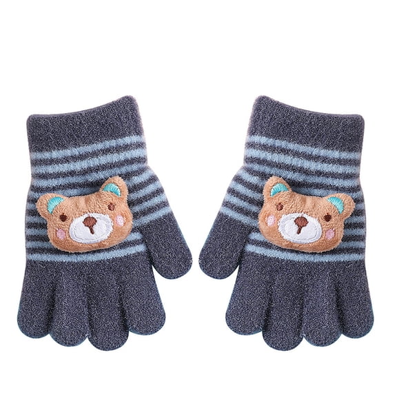 Kids' Cartoon Pattern Winter Gloves, Children's Stretchable Warm Gloves, Soft Knit Gloves for Boys and Girls, Elastic Cuff Cold Weather Gloves for School and Play Navy