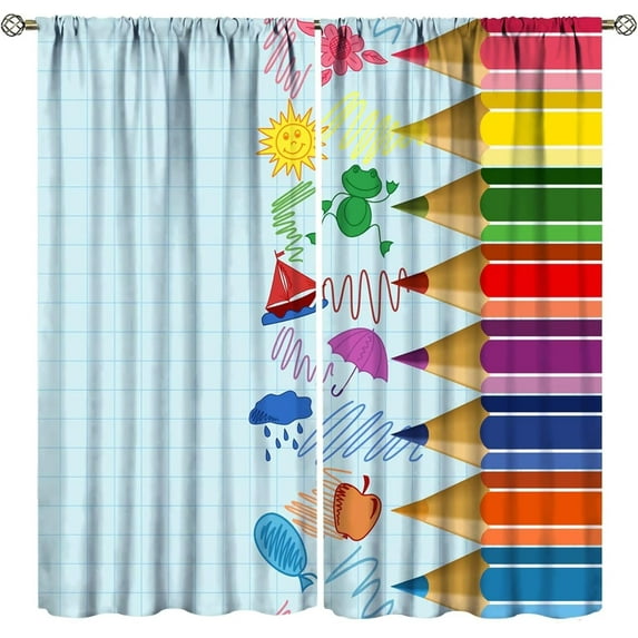 Kids Cartoon Pencil Curtains Colorful Cute Crayon Funny Art Printed Blackout Rod Pocket Curtains for Nursery Bedroom Living Room Decor Thermal Insulated Window Drapes 2 Panel Set 42x63in