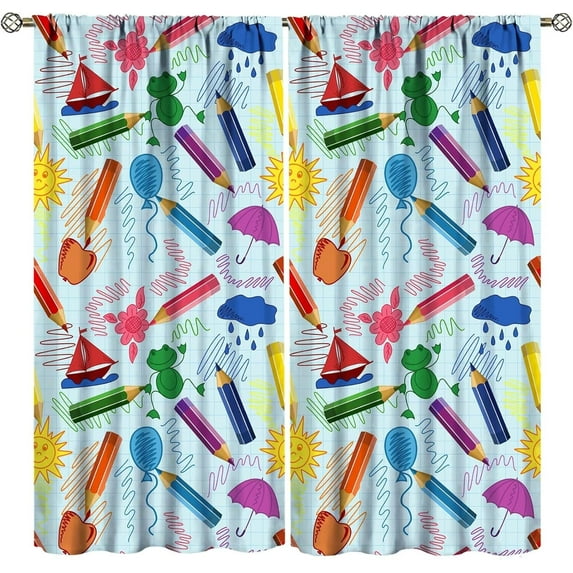 Kids Cartoon Pencil Curtains Colorful Cute Crayon Funny Art Printed Curtain with Rod Pocket for Child Playroom Nursery Bedroom Decor Drapes Window Treatments 2 Panels Set 52x84in