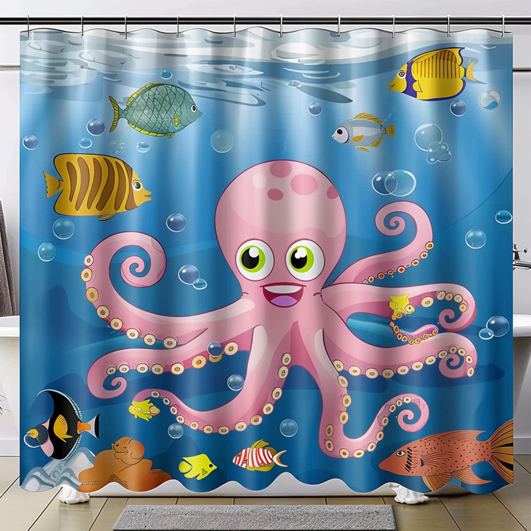 Kids Cartoon Pink Octopus & Fish Shower Curtain Underwater Ocean Theme