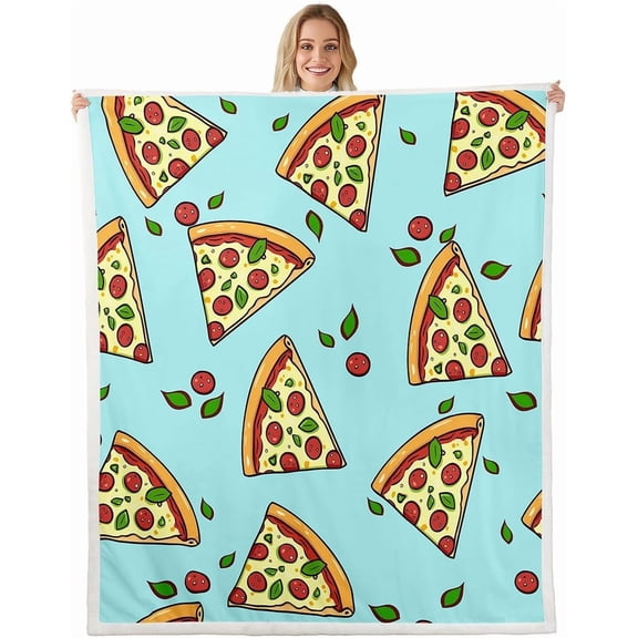 Kids Cartoon Pizza Fleece Throw Blanket Boys Girls Kawaii Food Theme Plush for Couch Bed Sofa Soft Green Yellow Pizza Sherpa Blanket Ultra Soft Fuzzy Room DecorBaby 30"x40"