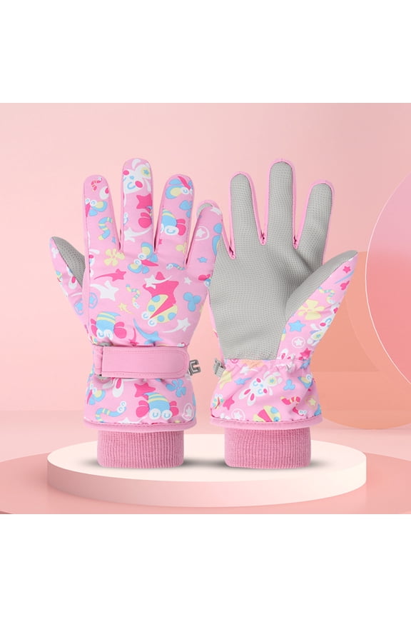 Kids Cartoon Print Ski Gloves, Waterproof Windproof Thermal Winter Gloves for Children, Warm Snow Gloves for Boys and Girls, Cold Weather Outdoor Activities-Pink