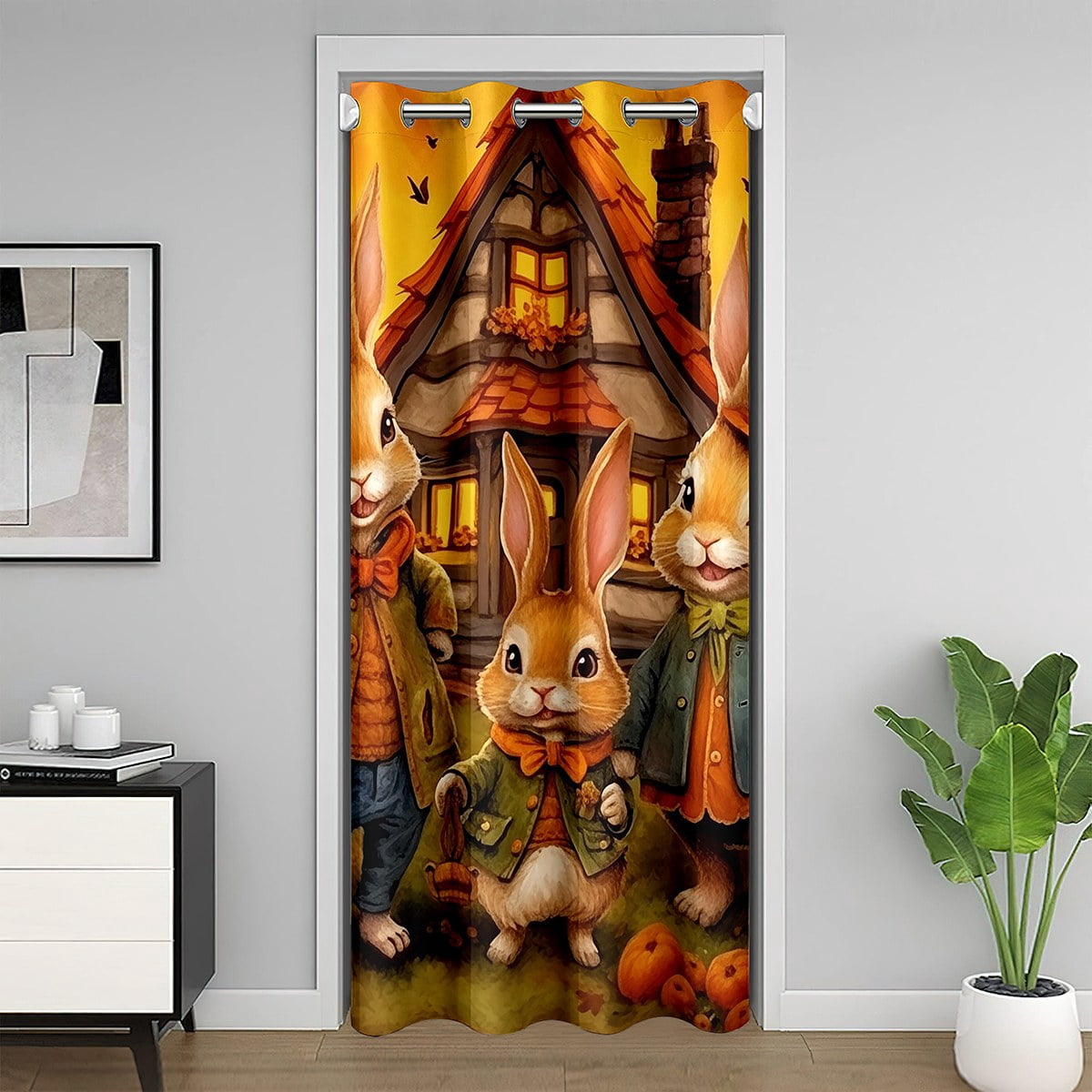 Kids Cartoon Rabbit 34"W X 80"L Room Divider Curtain For Kids Grey Cute