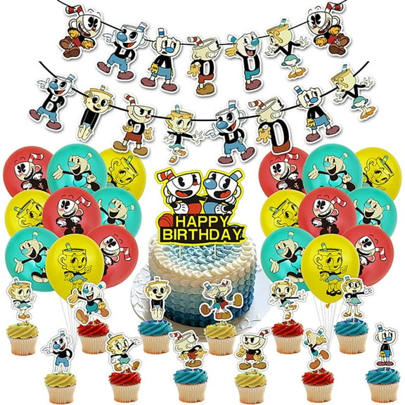 Kids Cartoon Theme Birthday Party Supplies Cuphead Cake Toppers Mugman Latex Balloons Celebration Banner Flag Decoration Set