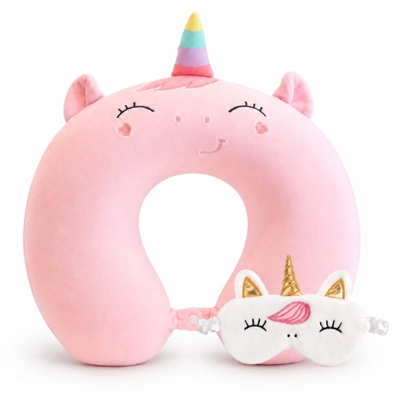 Kids Cartoon Travel Neck Pillow with Memory Foam, U-Shaped Neck Support Pillow with Sleep Eye Mask for Airplane and Car Travel